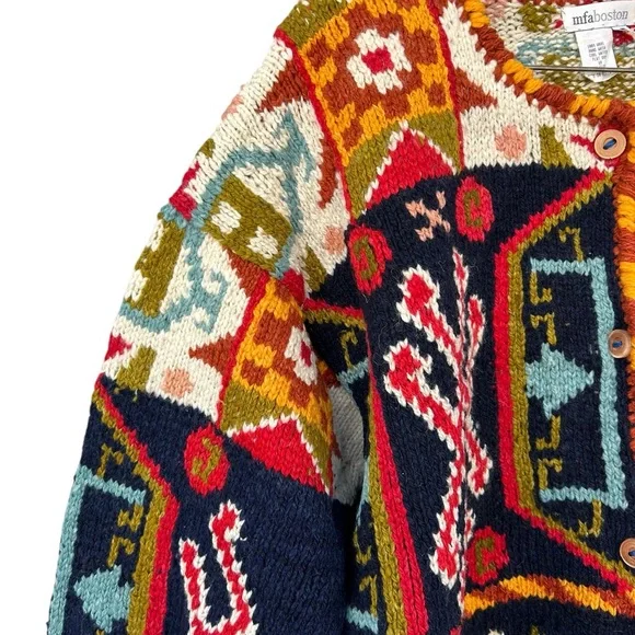 MFA Boston Chunky 100% Wool Vintage Blanket Cardigan Sweater - Size XL - Picture 7 of 11